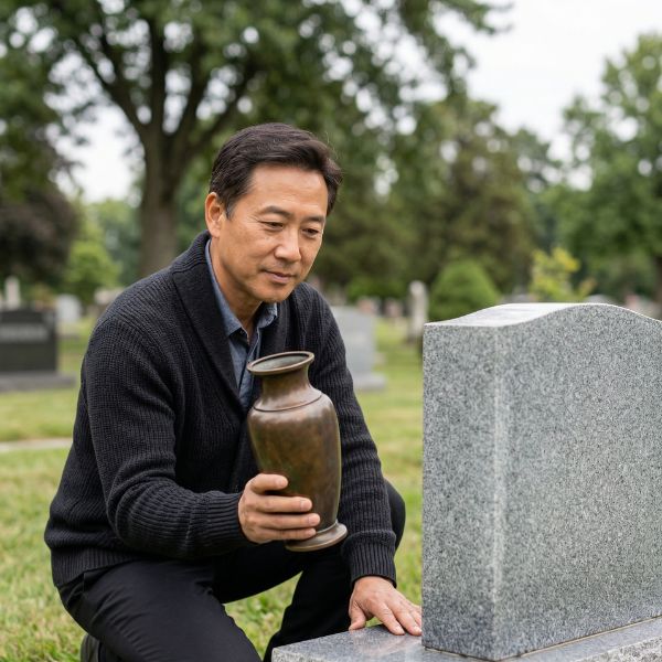 man with vase at tombstone