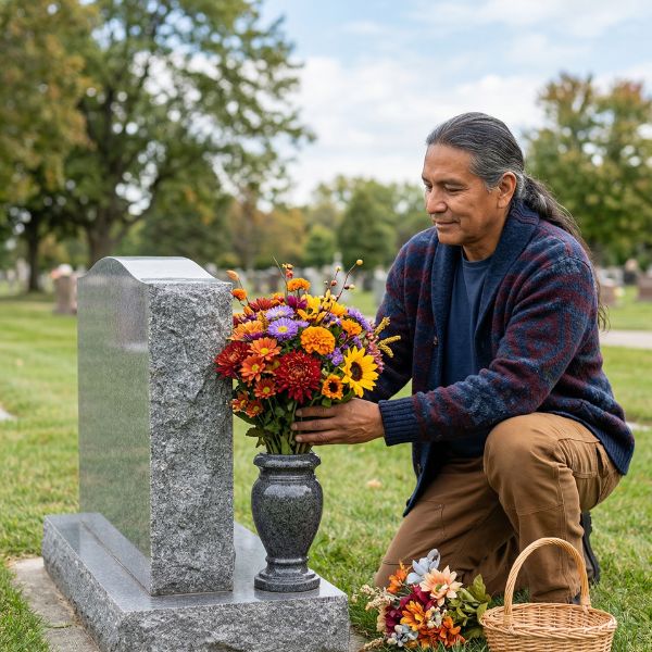 man placing flowers at tombstone