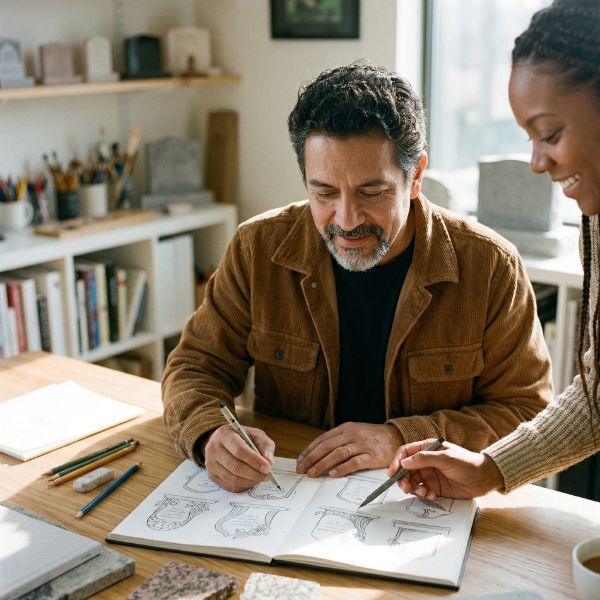 man and woman looking at tombstone designs