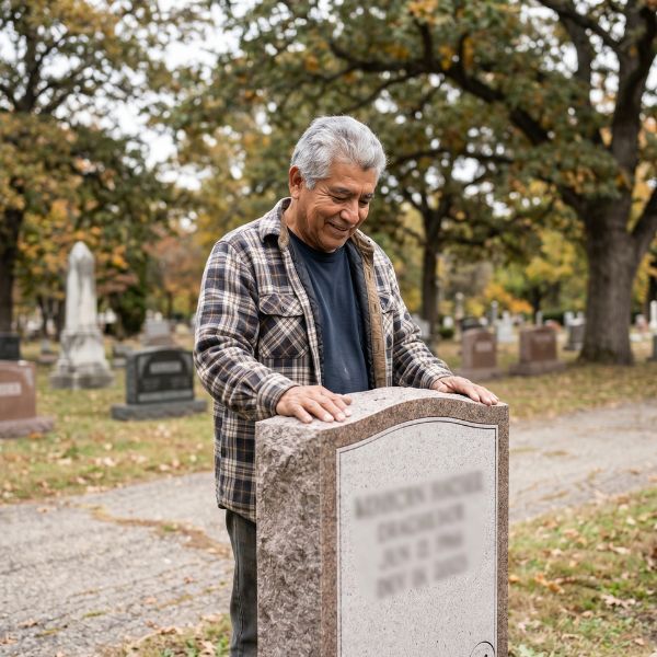 man at tombstone in cemetery