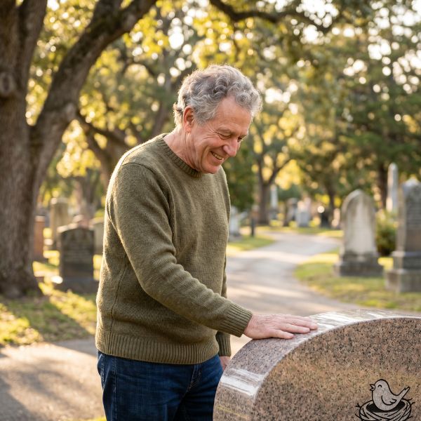 man at tombstone in cemetery
