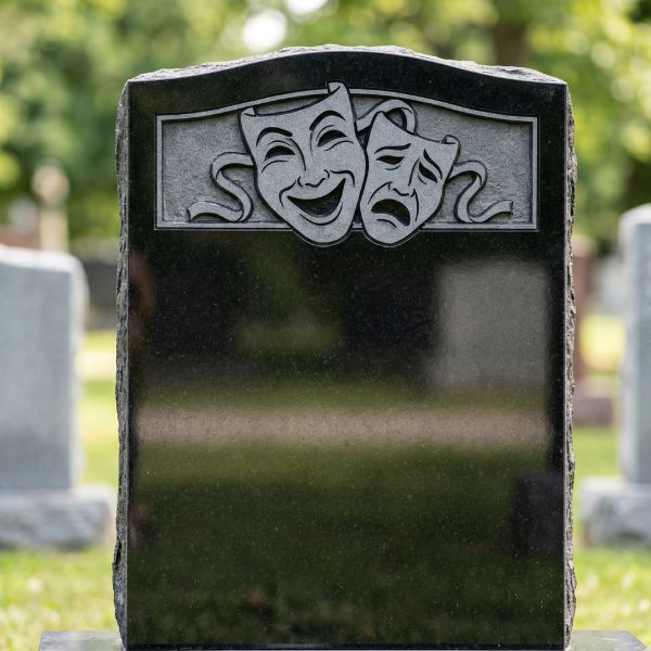 tombstone with theater masks