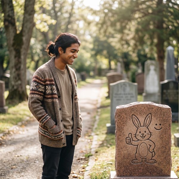 man at tombstone in cemetery