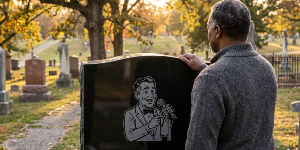 man at tombstone in cemetery