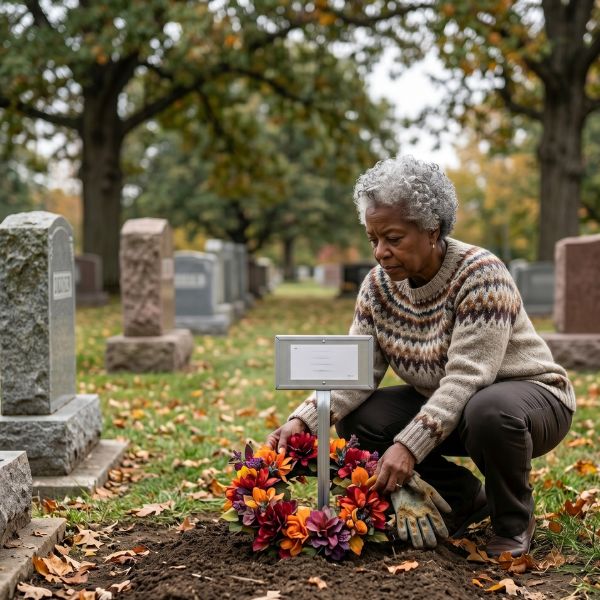 flowers around temporary headstone marker