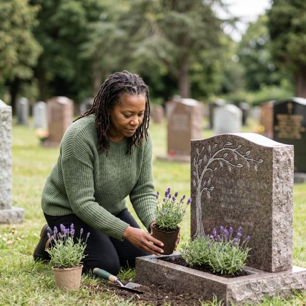 woman planting flowers at tombstone