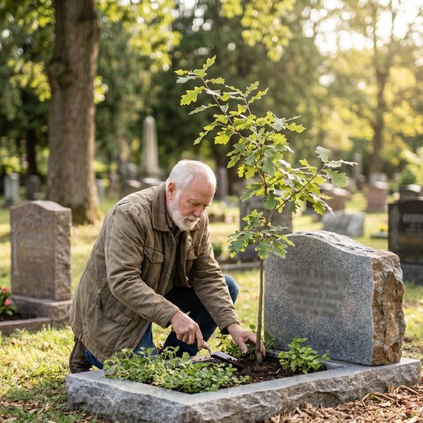 man planting tree at gravestone