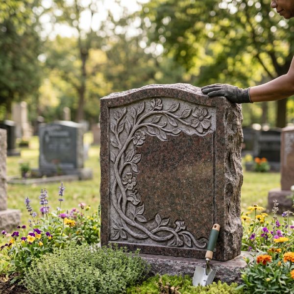 person touching tombstone