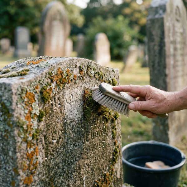 cleaning a gravestone