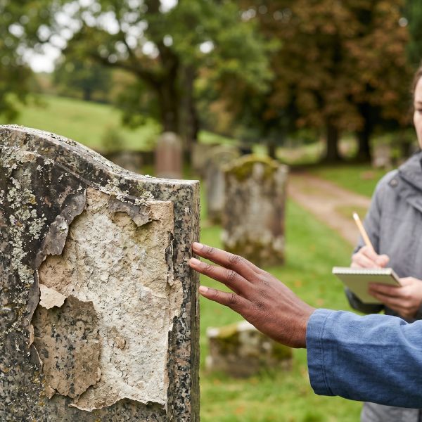 man touching gravestone