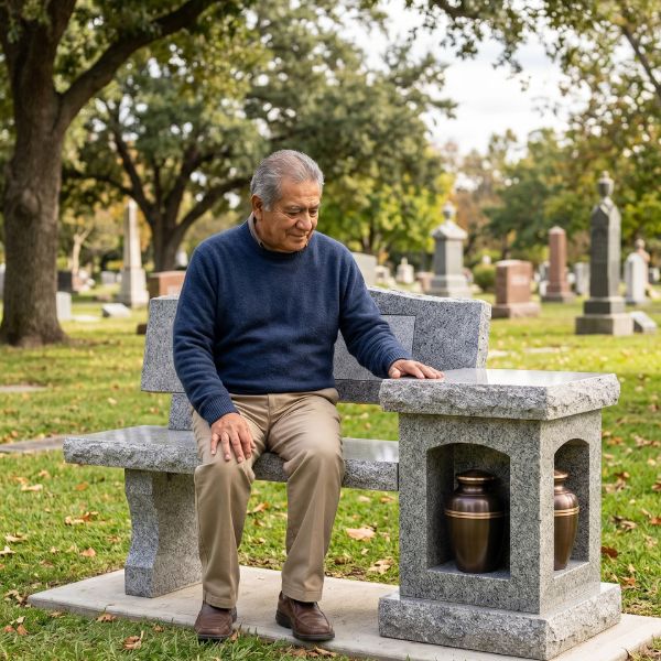 man on cemetery bench