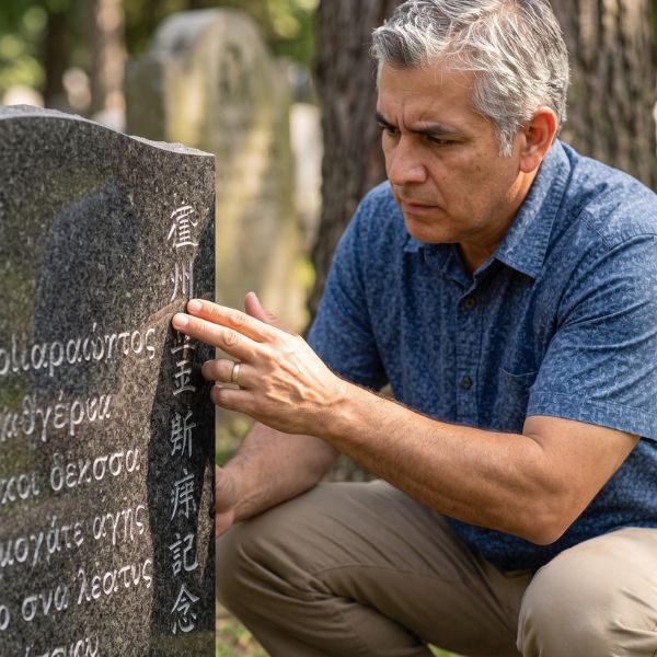 man next to tombstone
