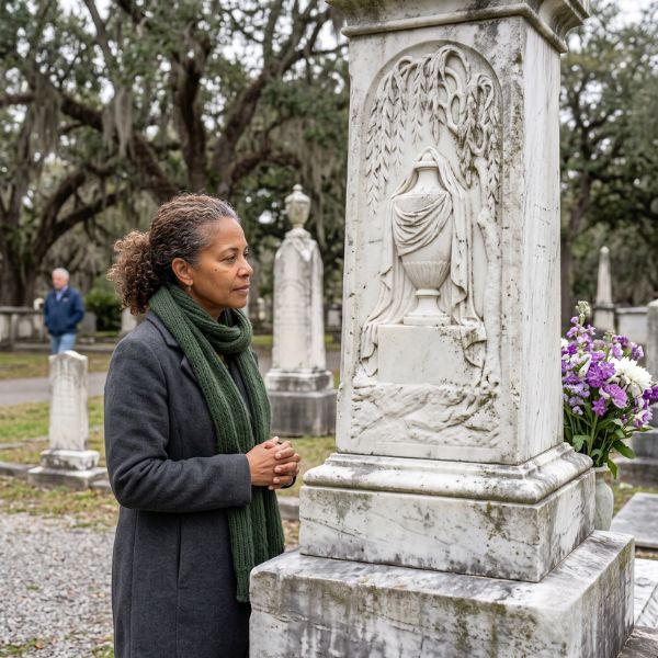 woman at tombstone